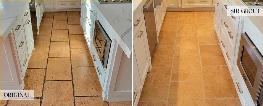 Kitchen Floor Before and After a Grout Cleaning in Woodmoor, CO