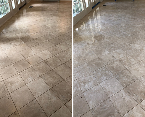 Travertine Floor Before and After a Stone Honing in Castle Pines
